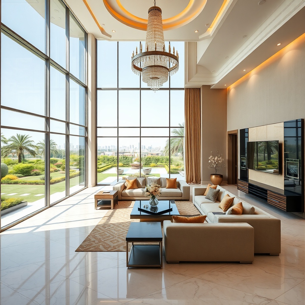 Luxury villa interior in Cairo with smart home features and panoramic garden views
