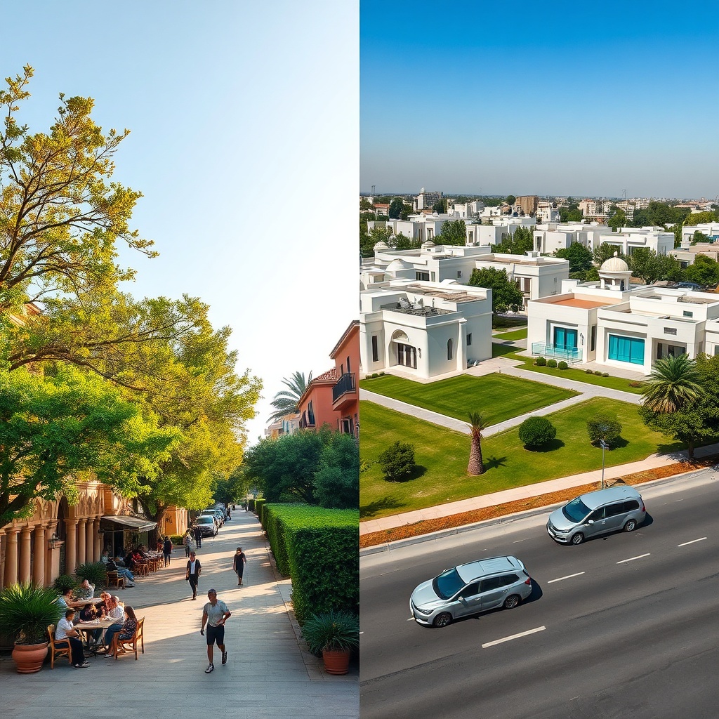Visual comparison of Maadi vs New Cairo for expats showing walkable leafy streets versus modern gated compounds, highlighting lifestyle differences in Cairo neighborhoods.