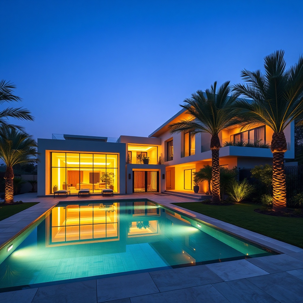 Modern luxury villa in Cairo with private pool and palm trees in a secure gated community at dusk